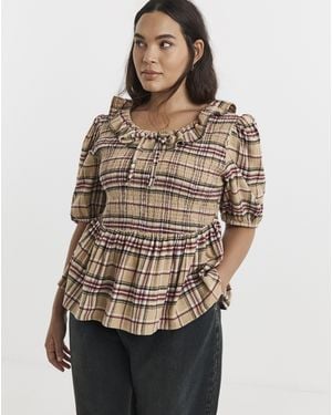 Native Youth Brushed Check Peplum - Brown