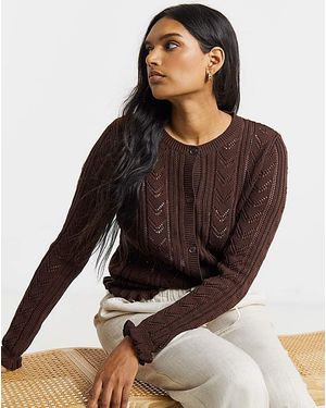 Simply Be Pointelle Crew Neck Frill Hem Cardigan - Brown