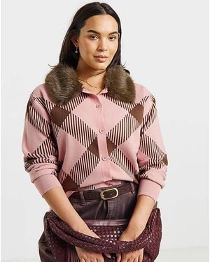 Simply Be Fur Collar Checked Cardigan - Pink