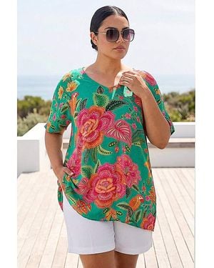 Roman Curve Floral Print V-Neck Top - Green