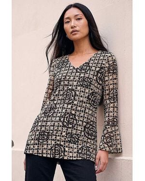 Roman Roman Floral Printed Lace Stretch Top - Brown