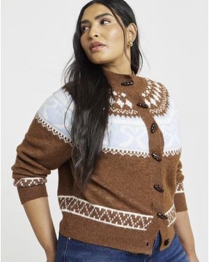 Simply Be Fair Isle Crew Neck Cardigan - Brown