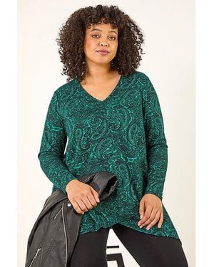 Roman Curve Paisley V-Neck Stretch Top - Green