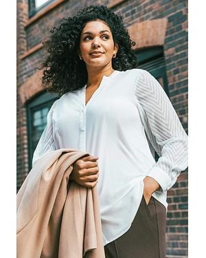 Roman Curve V-Neck Button Up Blouse - White