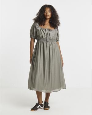 Simply Be Sage Shirred Milkmaid Midi Dress - Natural