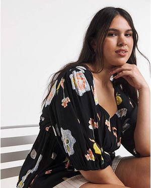 Simply Be Multi Print Shirred Peplum Top - Black