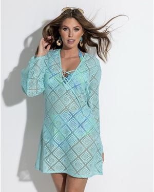 Pour Moi Crochet Lace Long Sleeve Beach Cover Up - Blue