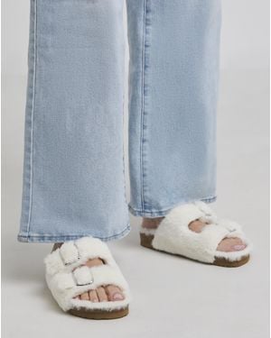 Simply Be Fluffy Two Strap Footbed Slipper Ex Wide - Blue