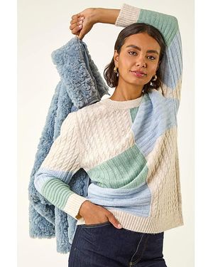 Roman Roman Colour Block Cable Knit Jumper - Blue