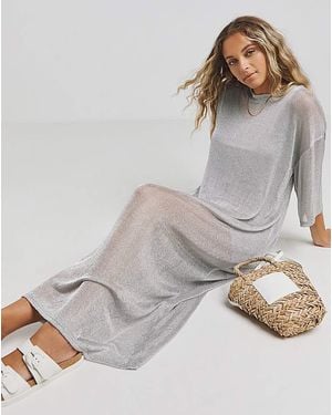 Simply Be Metallic Mesh T-Shirt Maxi Dress - Grey