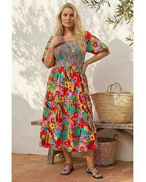 Roman Curve Floral Shirred Midi Dress - Grey