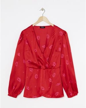 Simply Be Print Satin Peplum Blouse - Red