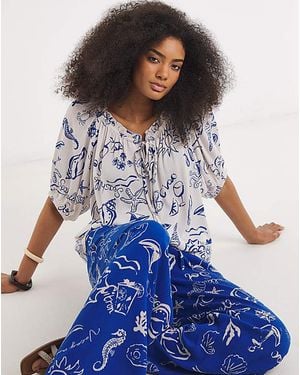 Simply Be Crinkle Printed Smock Blouse - Blue