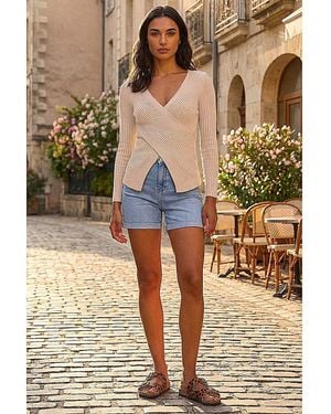 Roman Roman Wrap Front Ribbed Knit Top - Natural