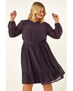 Roman Curve Hotfix Tie Waist Dress - Purple