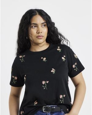 Simply Be Embroidered Ditsy Flower T-Shirt - Black