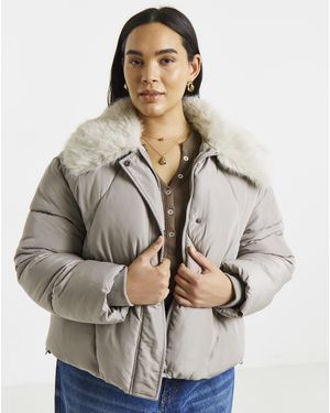 Simply Be Faux Fur Collar Short Padded Coat - Grey