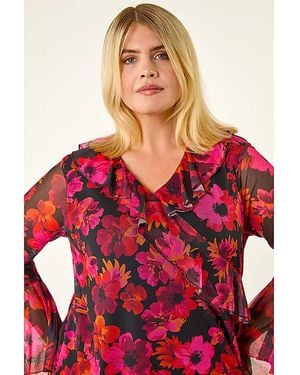 Roman Curve Floral Ruffle Mesh Top - Red