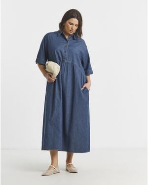 Simply Be Short Sleeve Collared Denim Midaxi Dress - Blue