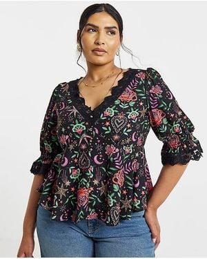 Simply Be Floral Lace Trim Tea Blouse - Black