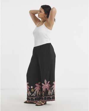 Simply Be Palm Printed Palazzo Trouser - Black