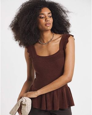 Simply Be Crochet Square Neck Frill Top - Brown