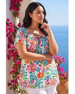 Roman Curve Floral Pom Pom Bardot Top - Blue