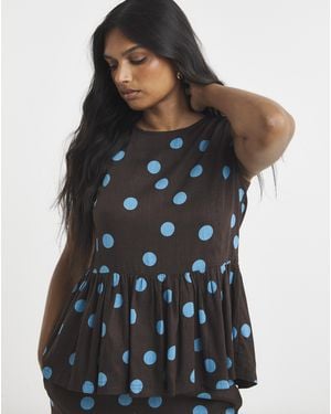 Simply Be Chocolate Spot Peplum Top - Blue