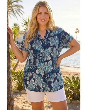 Roman Curve Floral Print Stretch Shirt - Blue