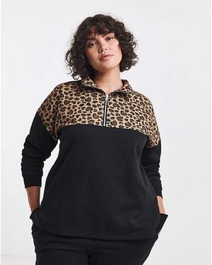 Simply Be Leopard Half Zip Sweat - Black