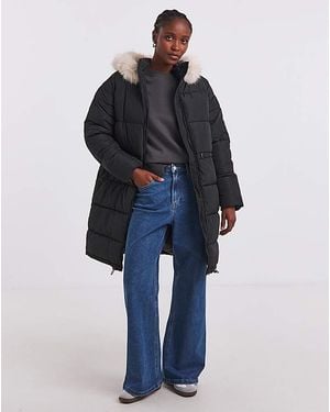 Simply Be Fur Trim Longline Padded Coat - Blue