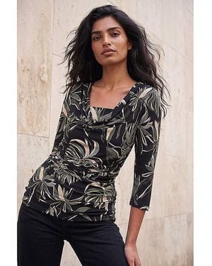 Roman Roman Leaf Print Gathered Cowl Neck Top - Green