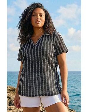 Roman Curve Stripe Collared Knit Top - Black