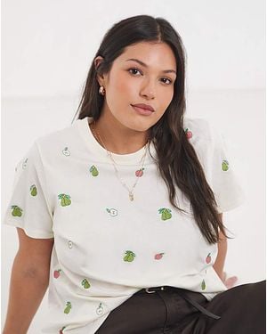 Simply Be Apples And Pears Embroidered T-Shirt - White