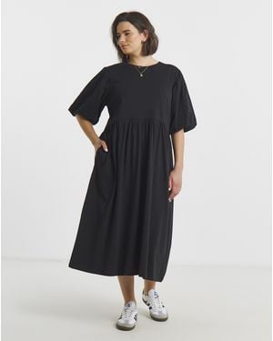 Simply Be Puff Sleeve Jersey Smock Pocket Midi - Black