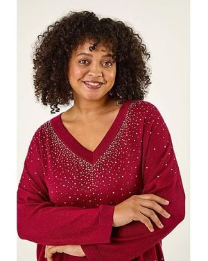 Roman Curve Sparkly Knit Top - Red