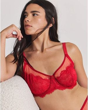 Pretty Secrets Eyelash Lace Balcony Bra - Red