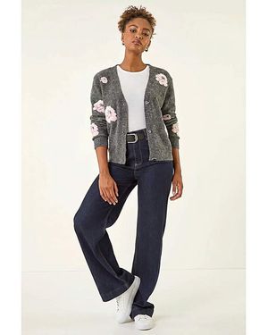 Roman Roman Embossed Floral Knit Cardigan - Blue