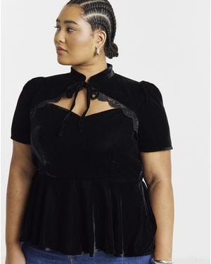 Simply Be Velvet Lace Trim Top - Black