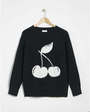 Simply Be Cherry Knitted Crew Neck Jumper - Black
