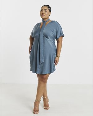 Simply Be Short Sleeve Satin Scarf Detail Dress - Blue