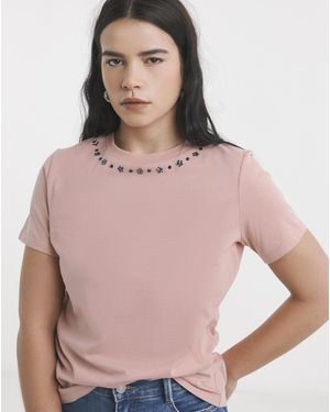 Simply Be Embellished Neckline T-Shirt - Pink