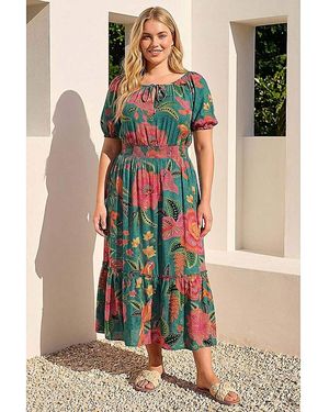 Roman Curve Floral Shirred Waist Dress - Green