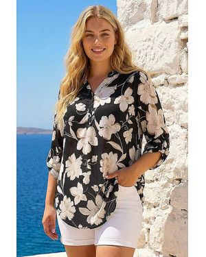 Roman Curve Floral Puff Stretch Shirt - White
