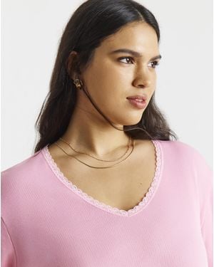 Simply Be Rib V Neck Lace Trim T-Shirt - Pink