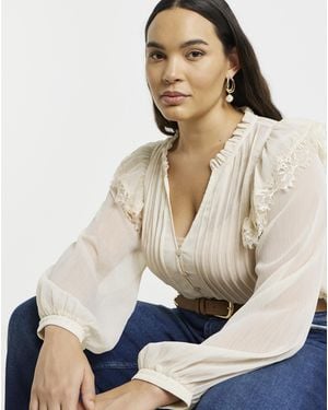 Simply Be Lace Trim Chiffon Tuxedo Detail Blouse - Natural