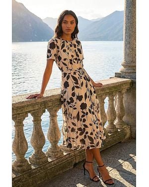 Roman Roman Floral Print Pleat Neck Midi Dress - Natural