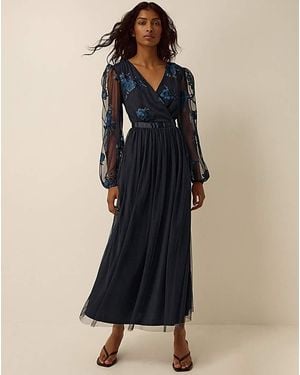 Monsoon Charlotte Floral Mesh Midi Dress - Blue