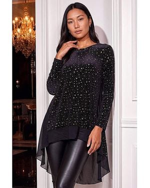 Roman Roman Star Print Velvet Chiffon Hem Top - Black