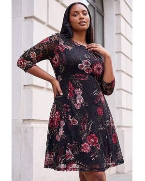 Roman Curve Floral Print Lace Dress - Red